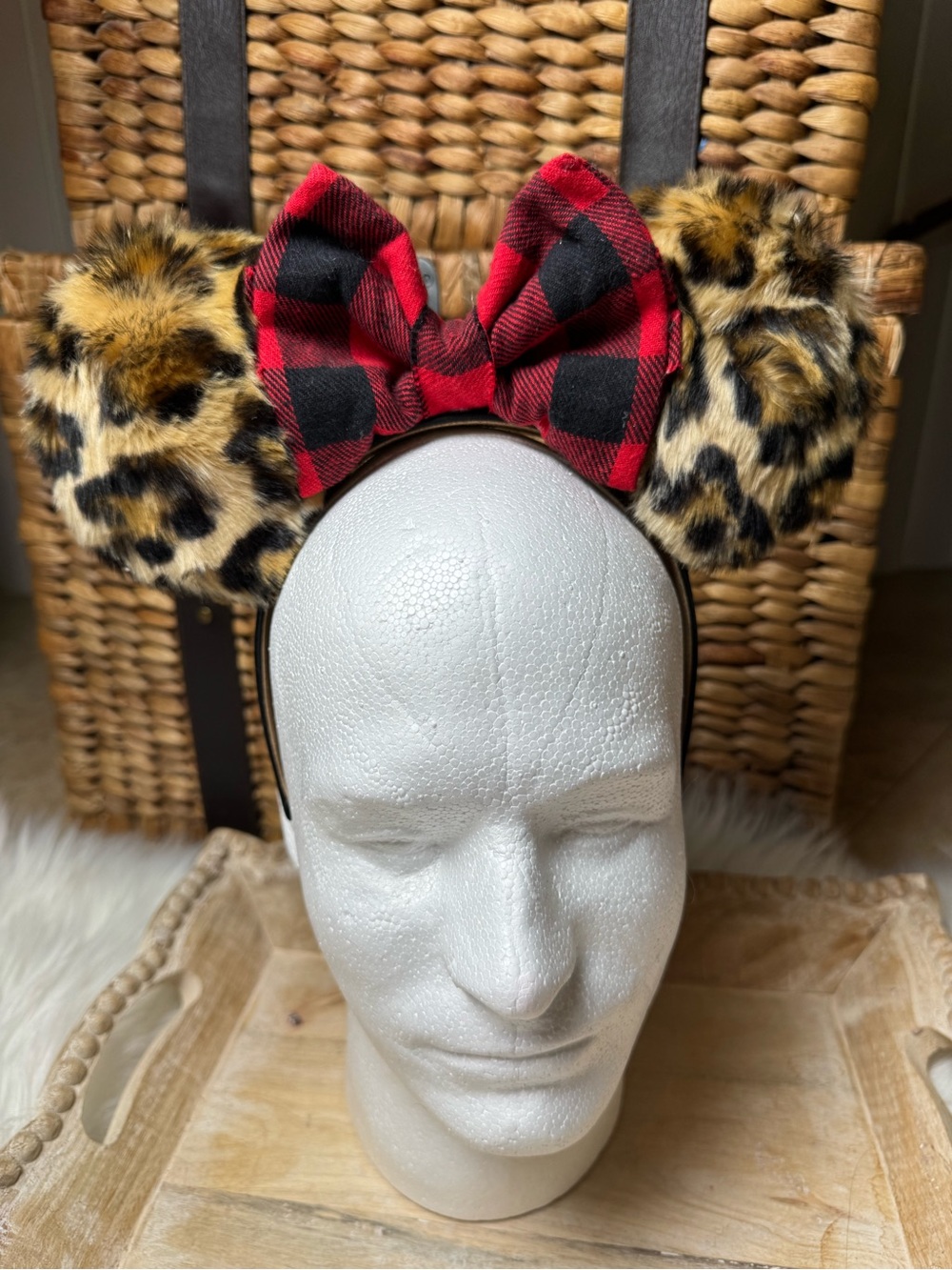 Faux Fur Leopard mouse Ears Headband with Red flannel Buffalo Plaid Bow